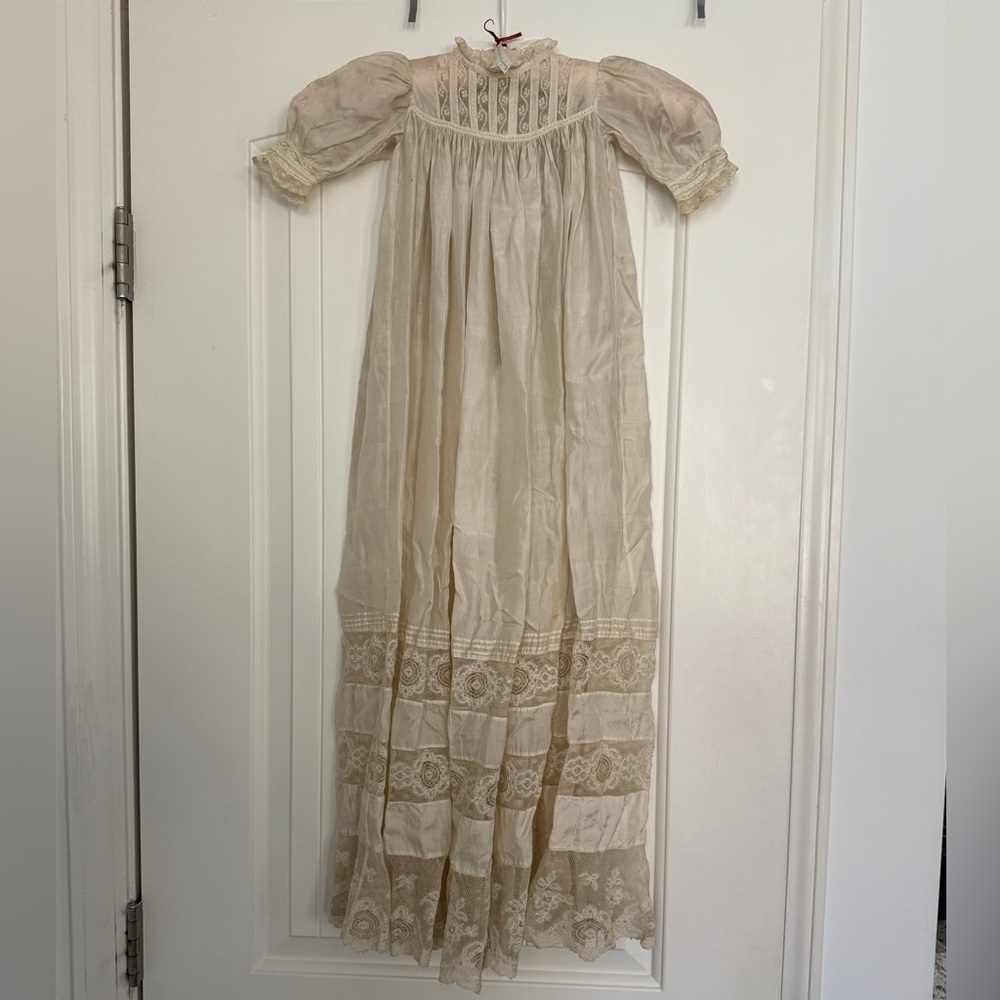 English Victorian Era Satin Christening Gown with Lace Accents - 36”